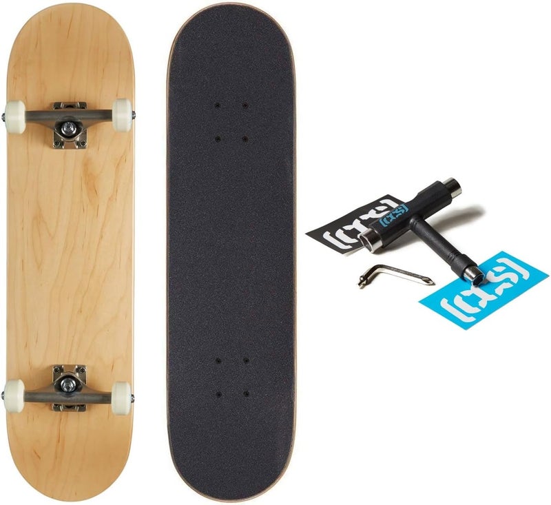 [] Blank Skateboard Complete | Plain Natural Maple Wood | Professional Grade | Fully Assembled with Skate Tool & Stickers | Adults, Kids, Teens, Youth | Boys & Girls